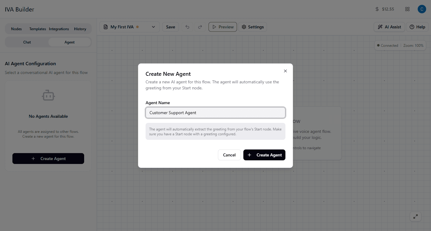 Create agent dialog